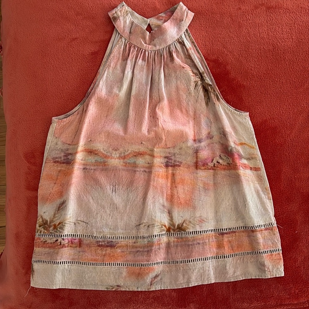 Rachel Zoe Muted Tan Peach and Brown Sleeveless Tropical Design Top Size Small